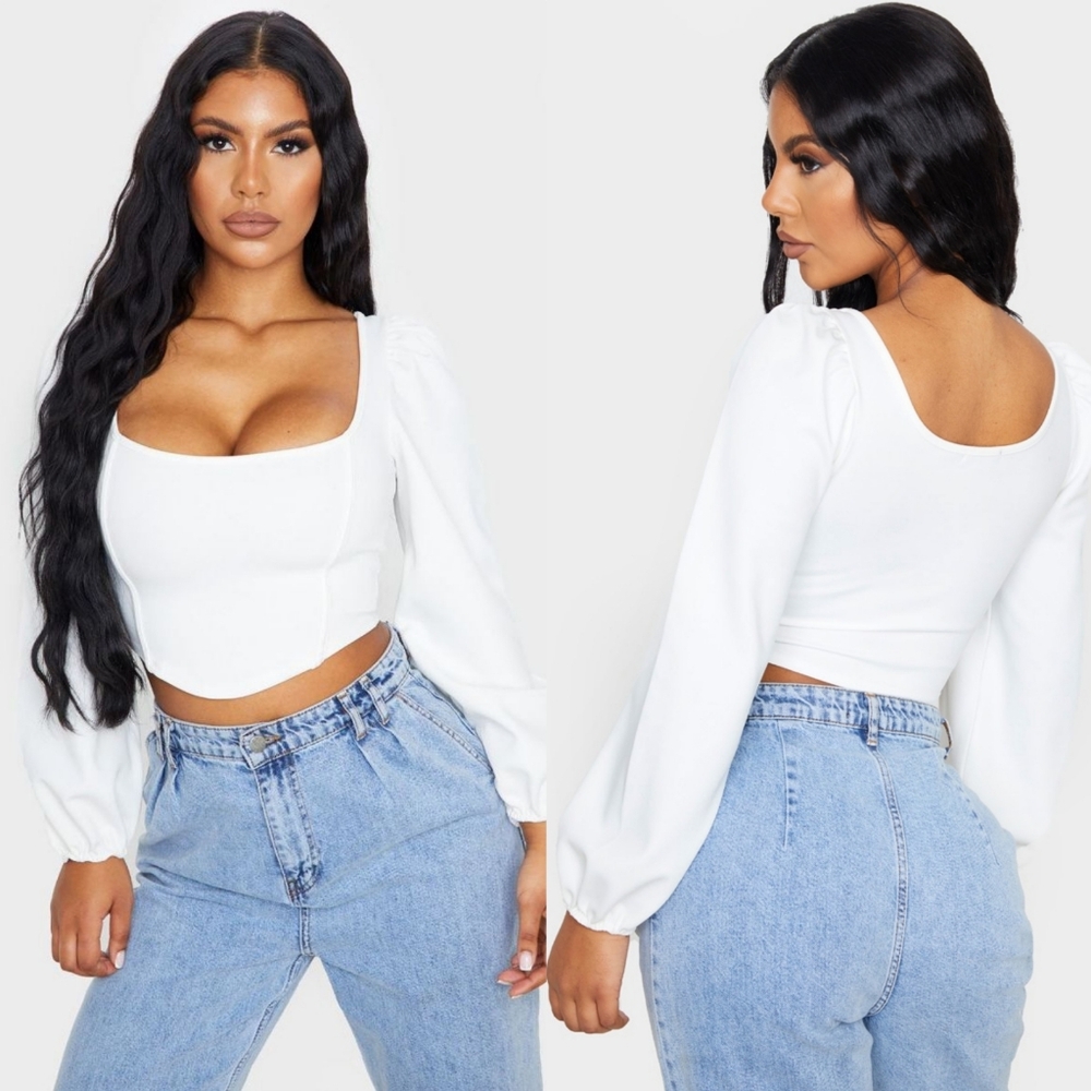 NWT PrettyLittleThing White Binding Balloon Sleeve Crop Top 🤍 Size 6